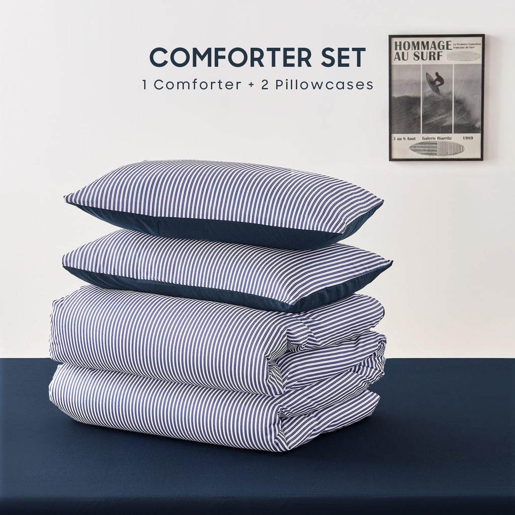 Striped Comforter Set, Ticking Stripe Vertical Pinstripe Neutral Farmhouse Pattern Printed, Soft Lightweight Bedding