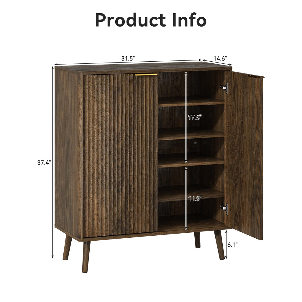 5-Tier Shoe Storage Cabinet with Adjustable Shelves, Walnut丨Fluted Shoe Cabinet with Doors, Wooden Freestanding Shoe