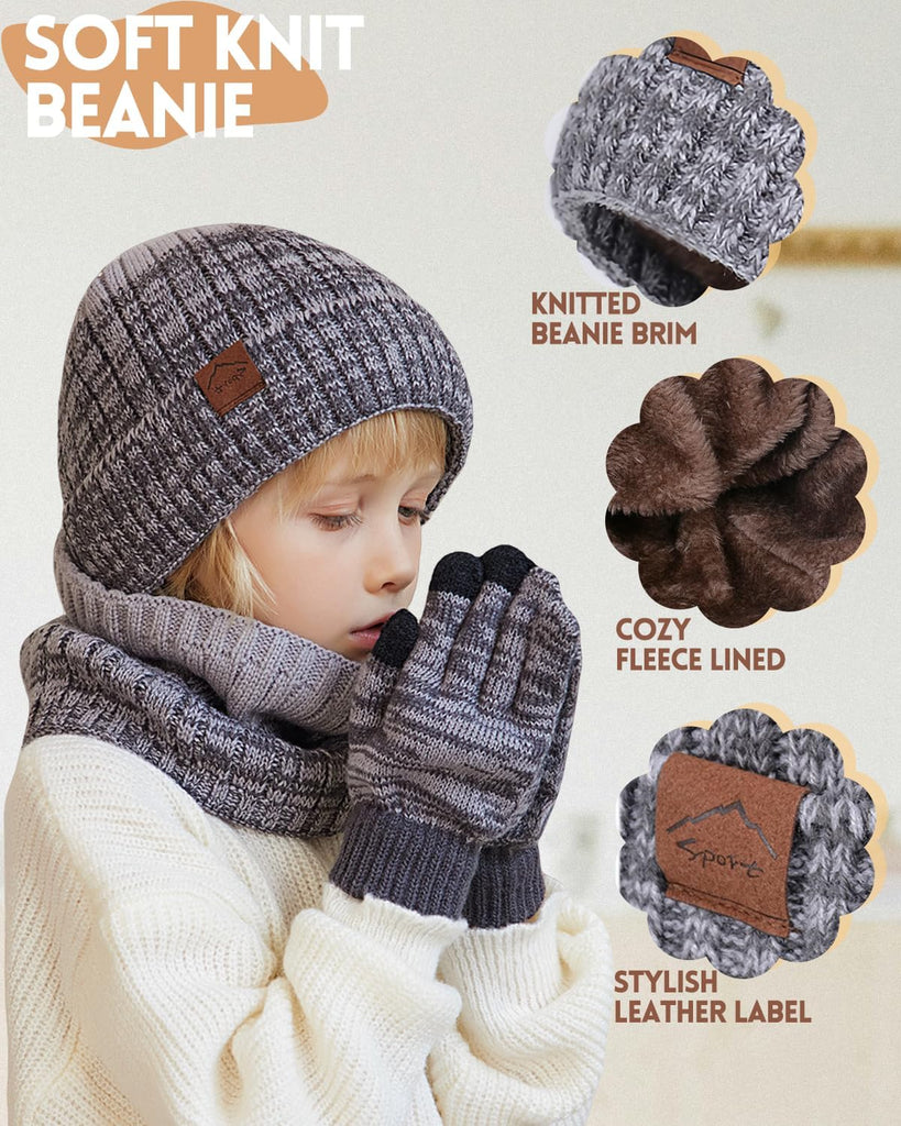 Kids Winter Hat Gloves Scarf Set,Mixed-color Beanie hat Knit Neck Fleece Lining Touchscreen Gloves for Girls Boys