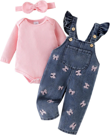 Baby Girl Clothes Newborn Romper Infant Jeans Adjustable Suspender Overalls Cute Headband 3Pcs Outfits Set