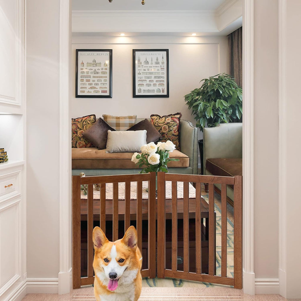 Wooden Free Standing Dog Gate 40" W x 24" H, Foldable Solid Hardwood Pet Safety Fence Doorways, Stairs, Hallways