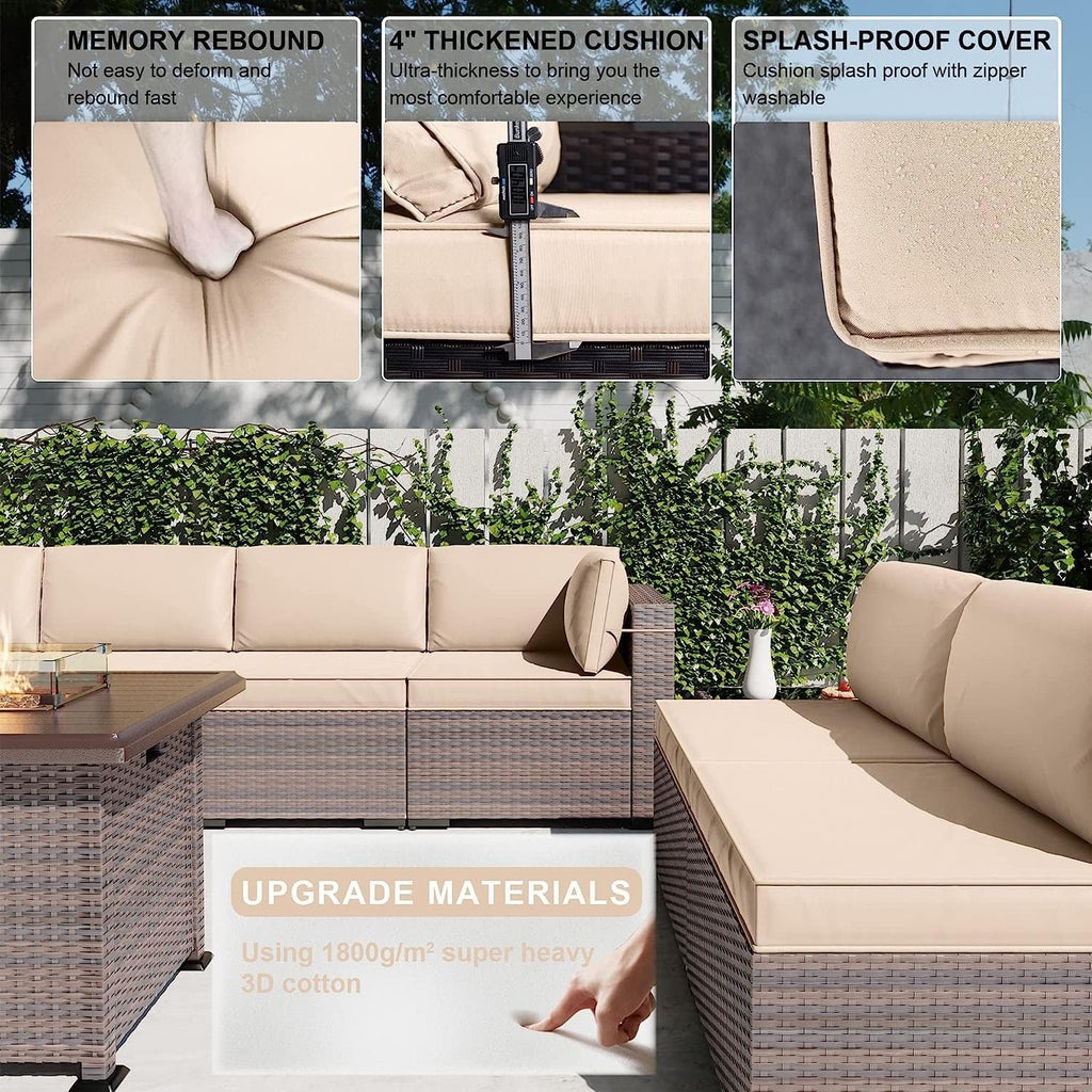 13 Pieces Outdoor Patio Furniture Set with 43" 55000BTU Gas Propane Fire Pit Table PE Wicker Rattan Sectional