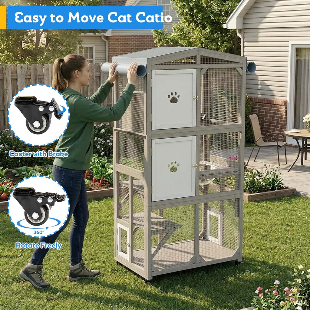 66.2" Catio Outdoor Cat Enclosure with Wheels & Window Access, Portable Large Wooden Cat Catio Cage for Balcony