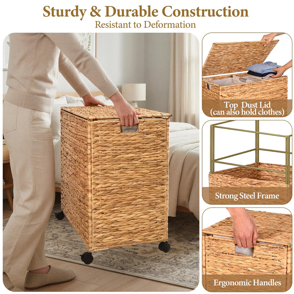 Wicker Laundry Hamper with Lid & Wheel, Rattan Laundry Basket, 120L