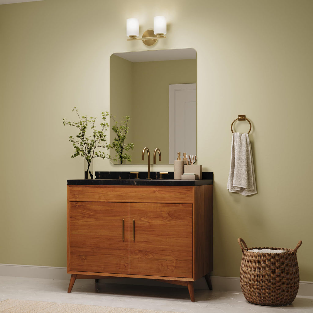 Replay 13 Inch 2-Light Vanity Light, Transitional, Brushed Gold with Etched Glass Shades, (7.875" H x 13" W x 6" D)