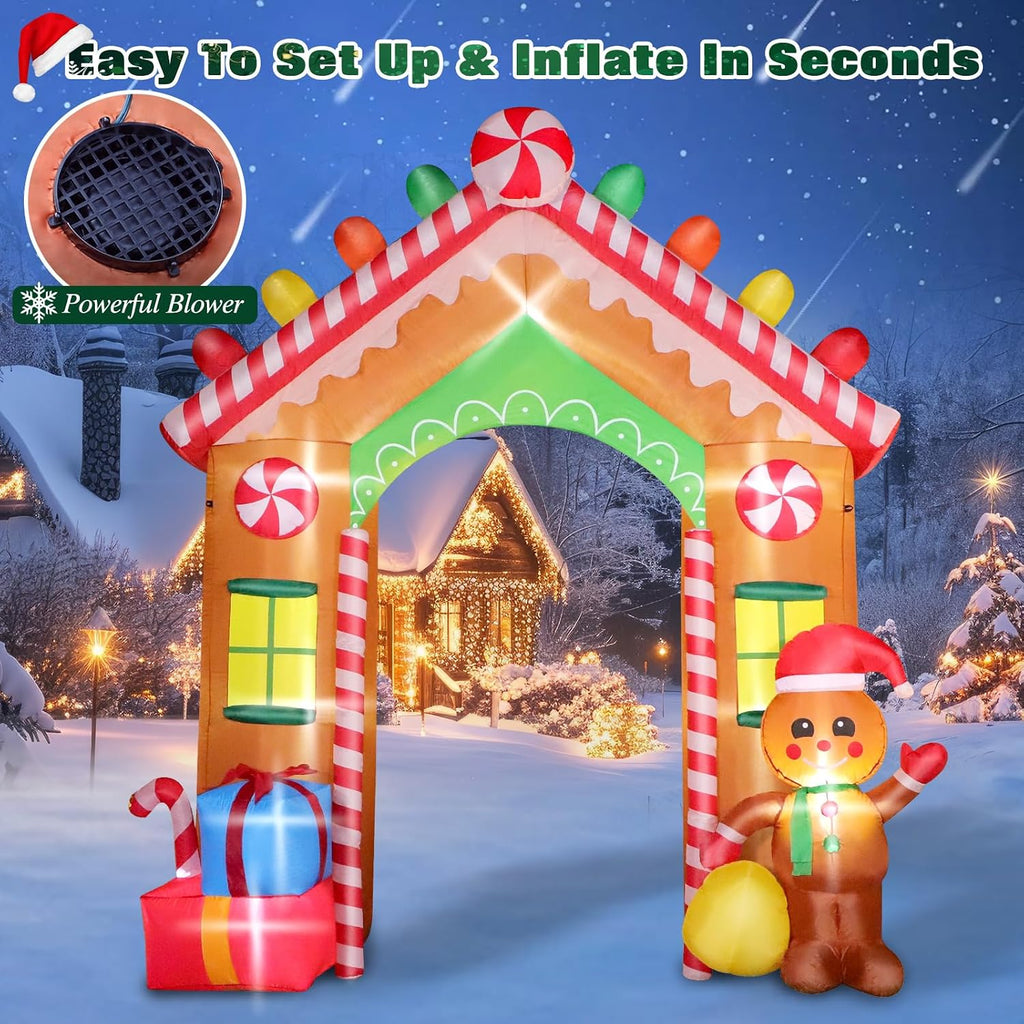 9FT Christmas Inflatable Archway Outdoor Decorations, Blow Up Gingerbread House Arch Yard Decoration with Colorful