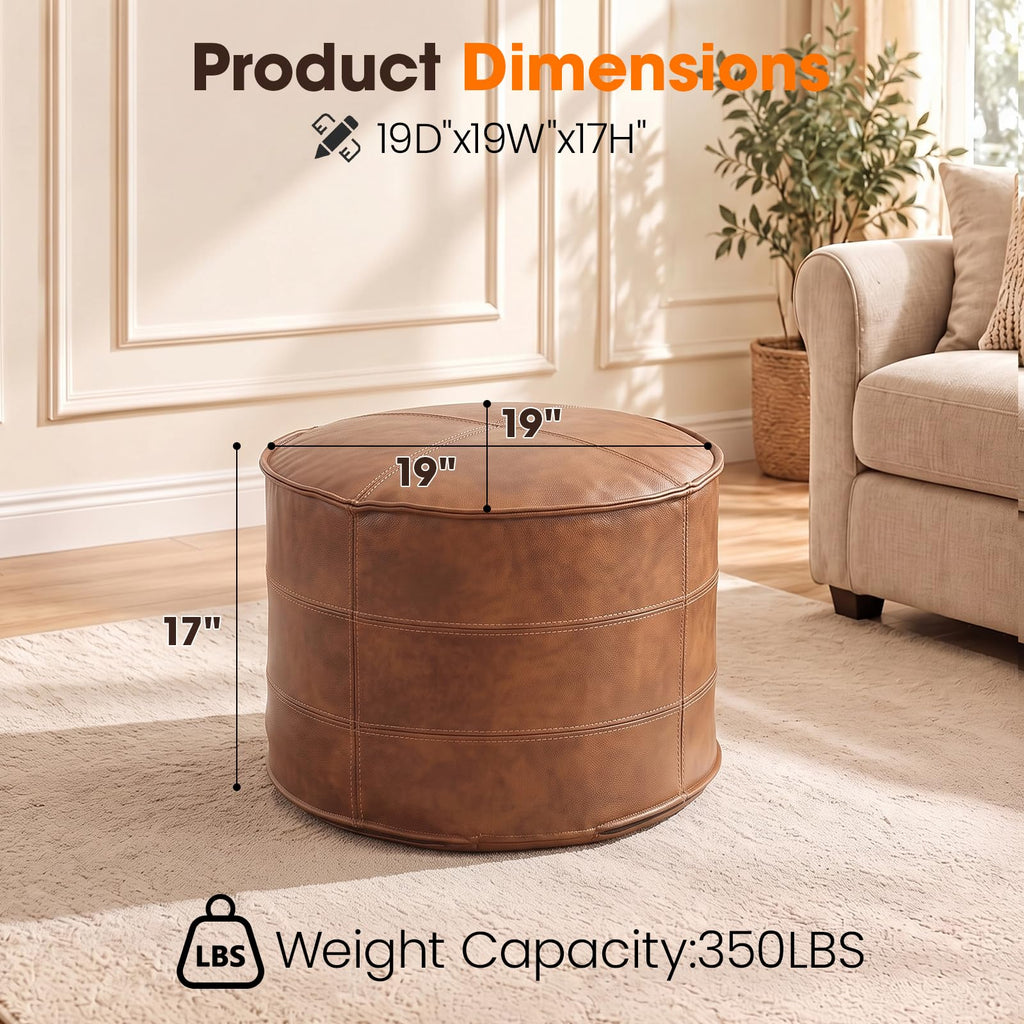 Leather Round Ottoman, Pouf (Brown, Round)