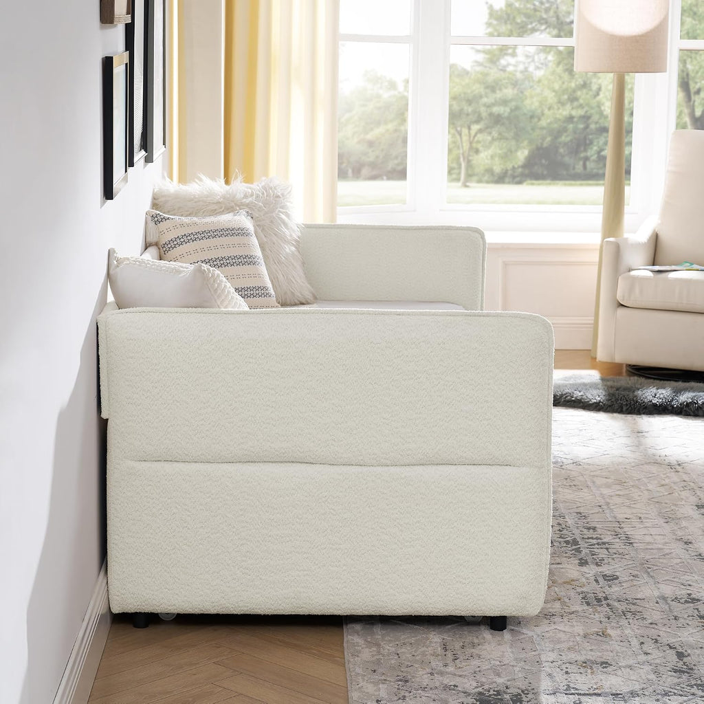 Twin Size Upholstery Tufted Daybed with Erectable Trundle, Twin to King Design Modern Extendable Boucle Sofa Bed