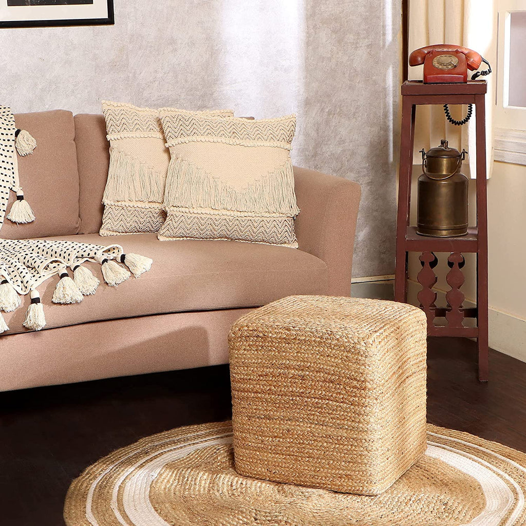 Cube Pouf Foot Stool Ottoman - Classic Jute Poof - Natural