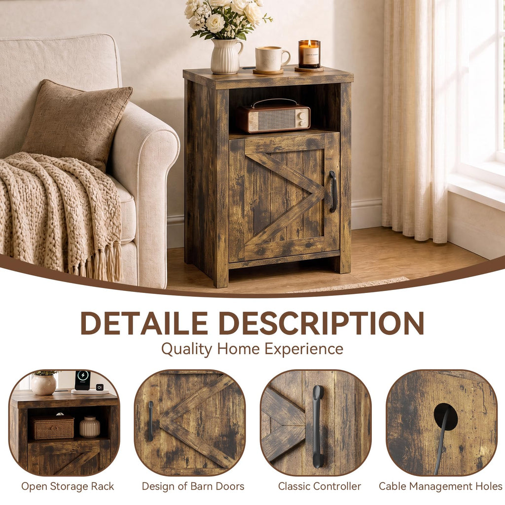 Farmhouse Nightstand with Charging Station, Couch Side Table Set of 2, Bedside Table with Storage Space, End Tables