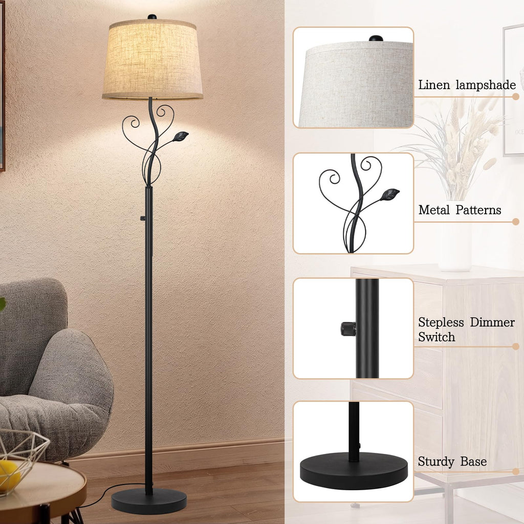 63'' Rustic Floor Lamps Decor with Rotary Dimmer, Black Leaf Tall Lamp with Linen Sade Dimmable Bulb Included