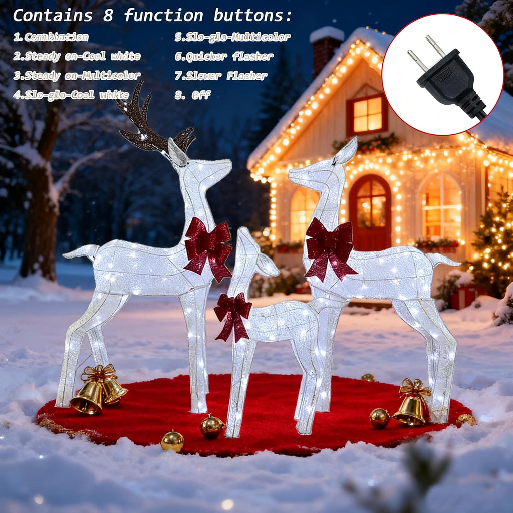 3-Piece Pre-Lit 3D Reindeer Family Decor, Outdoor Christmas Deer Set with Cool White & Colorful LED Lights,Waterproof