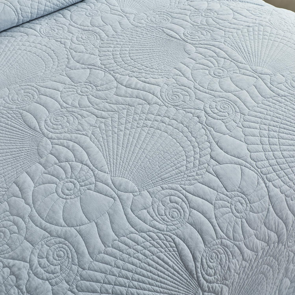 Coastal Quilt Set Cotton Dusty Blue Matelasse Coverlet Set with Seashell Stitching Heirloom Coastal Quilt