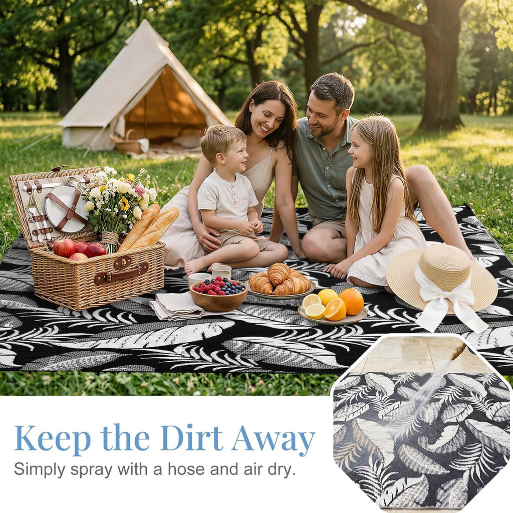 Reversible Outdoor Rug, Waterproof Outdoor Plastic Straw Rug, Tropical Leaf RV Camping Rugs for Outside, Deck