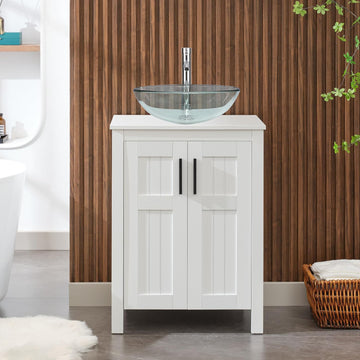UEV White 24" Bathroom Vanity with Sink Combo,Modern Vanity with Vessel Sink,Stylish Bathroom Vanity Cabinet,Grooved
