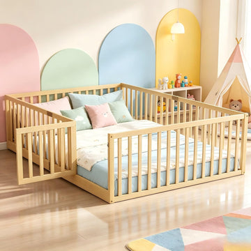 Toddler Floor Bed with Door&High Rails, Natural