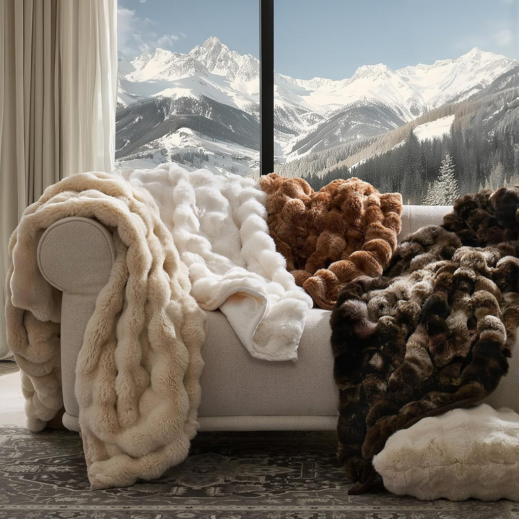Faux Rabbit Fur Bubble Throw Blanket, 60"x80", Cream | Ultra Soft, Luxury Faux Rabbit Fur Throw, Thick Warm Bubble