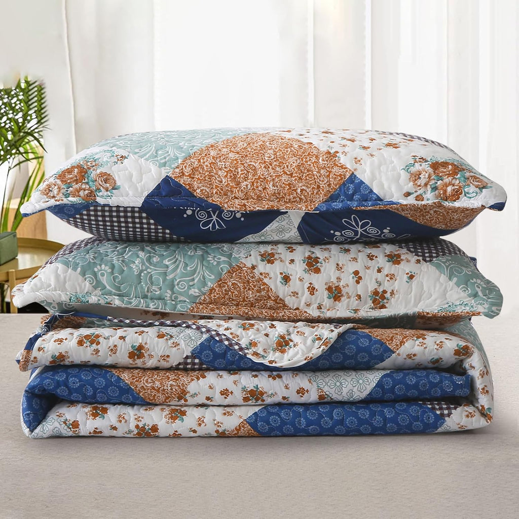 Reversible Patchwork Quilt Bedding Set Queen Blue Green Grey Plaid Floral Pattern Bedspread Set Soft Microfiber