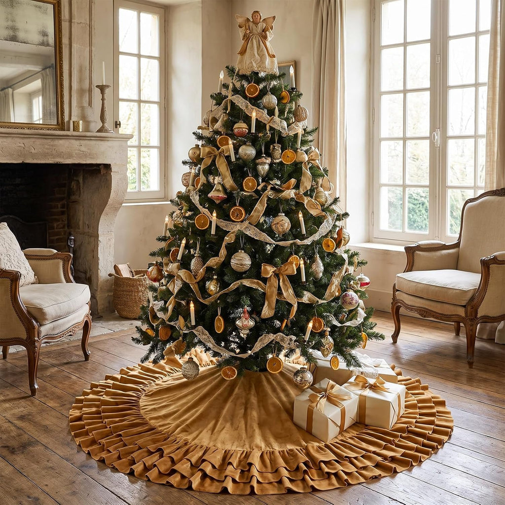48 Inch Gold Velvet Christmas Tree Skirts Ruffled Tree Skirt