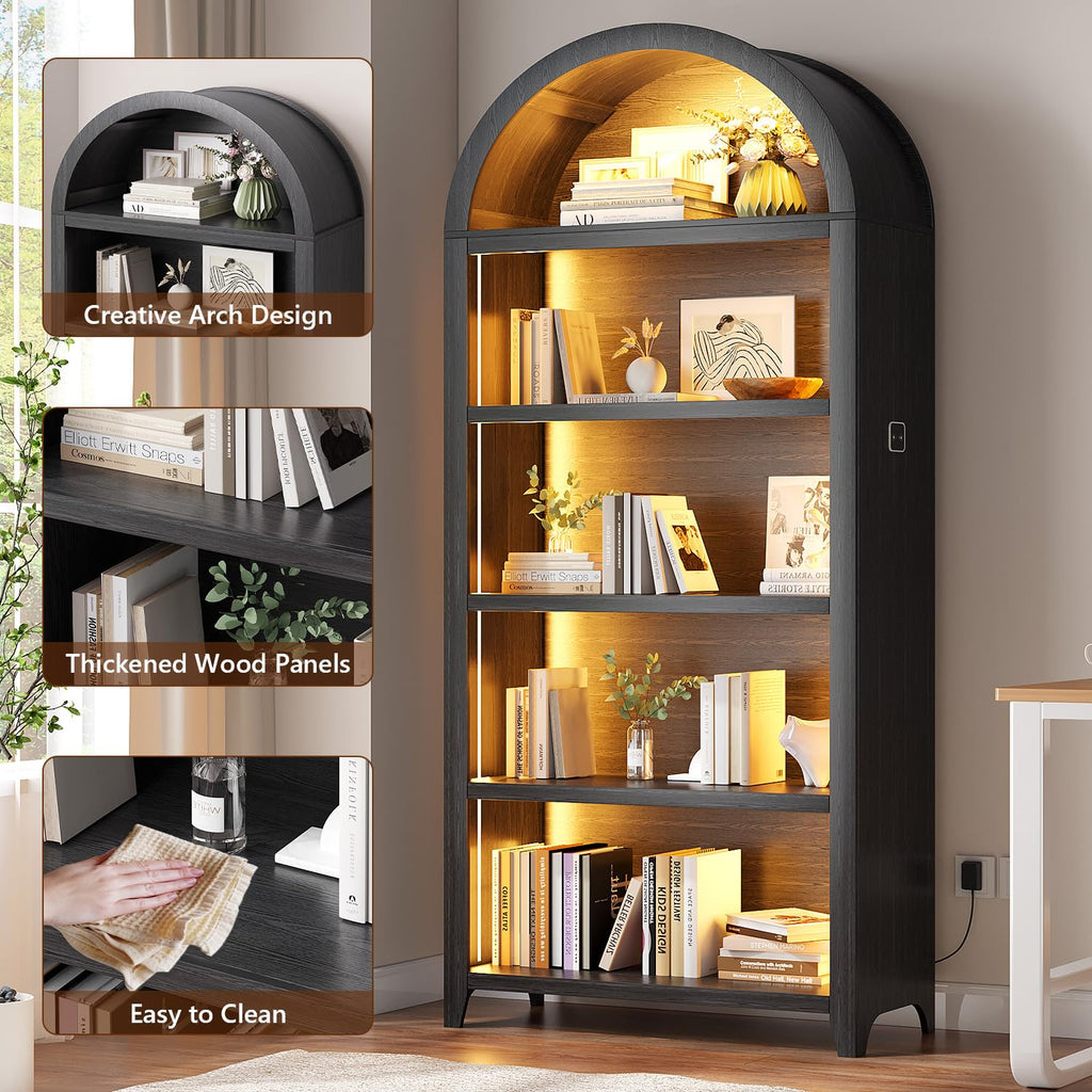 5-Tier Arched Bookcase with 3-Color Lights & Motion Sensor, Black