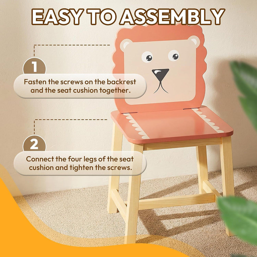 Kids Table and 4 Chairs, Wooden Stable Table and Chair Set (Elephant&Leopard&Lion&Zebra), Ideal for Arts & Crafts