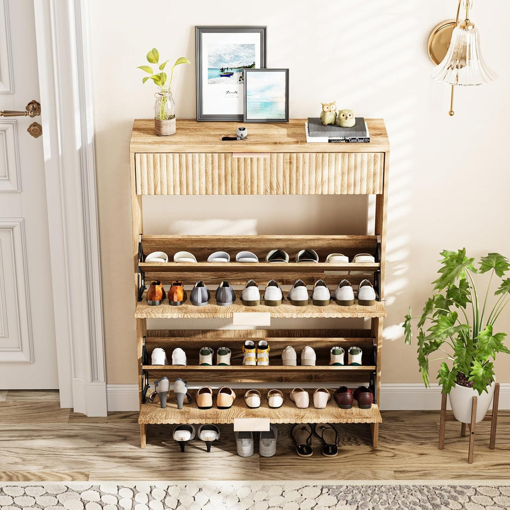 Fluted Shoe Cabinet Storage with 2 Flip Drawers & 1 Drawers, Wood Narrow Hidden Shoe Cabinet with Adjustable Shelf