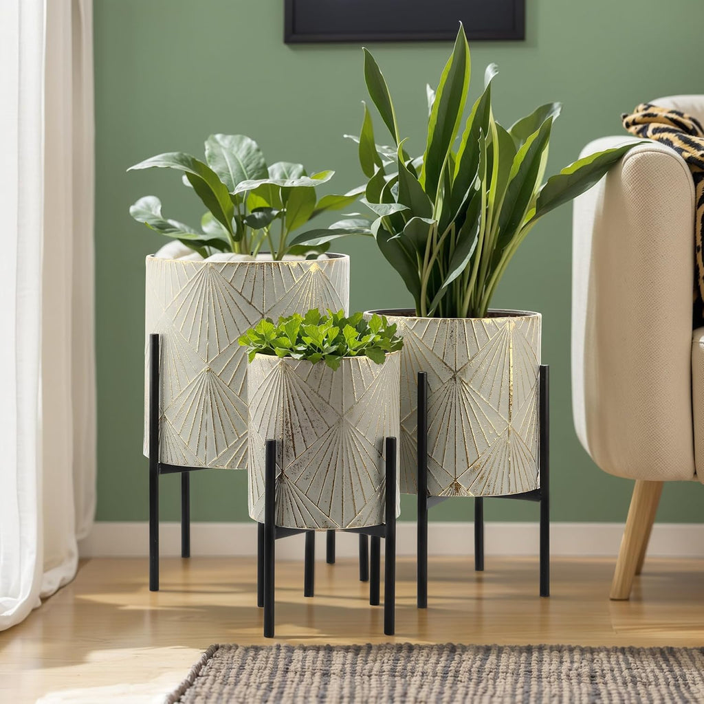 LuxenHome Planters for Indoor Plants, Set of 3 Floor Plants Pots with Stand | Modern Decorative Metal Flower Pots