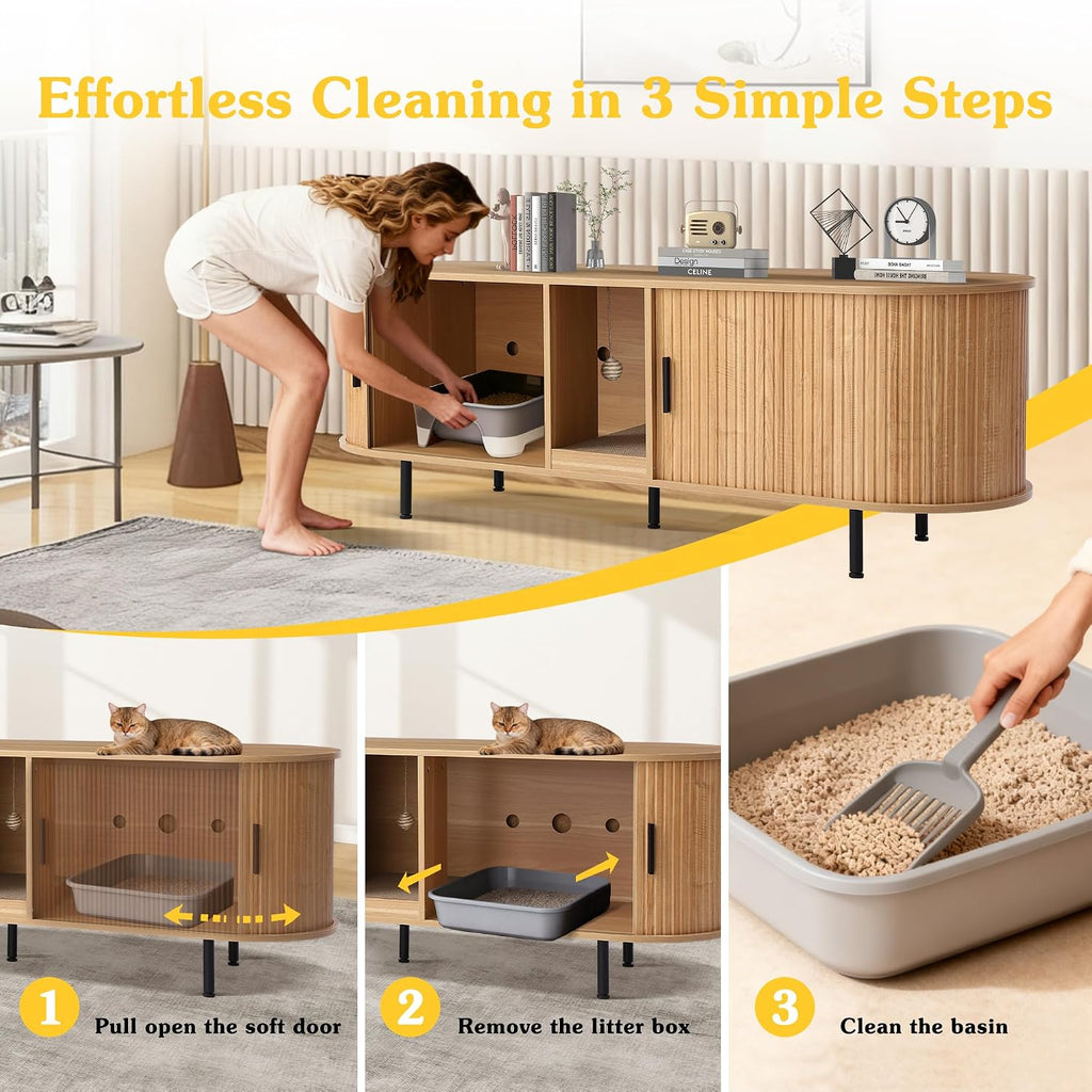 Hidden Cat Litter Box Enclosure with Sliding Door, Built-in Scratch Pad, 63" Modern Indoor Cat House, Fluted