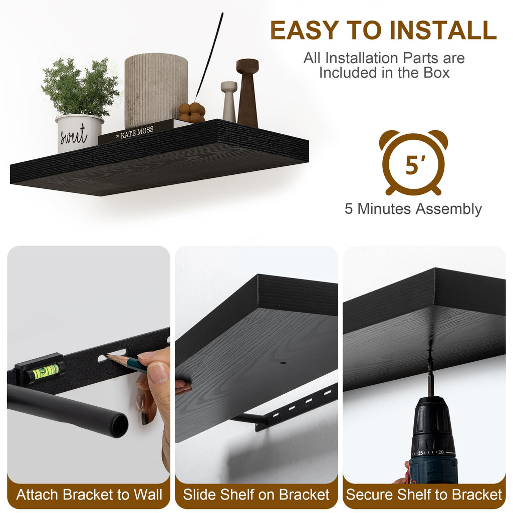 Black Floating Shelves 36 Inch Long, 8 Inch Deep Floating Shelf for Wall, 36" W x 8" D Wall Shelves Set of 2, Black
