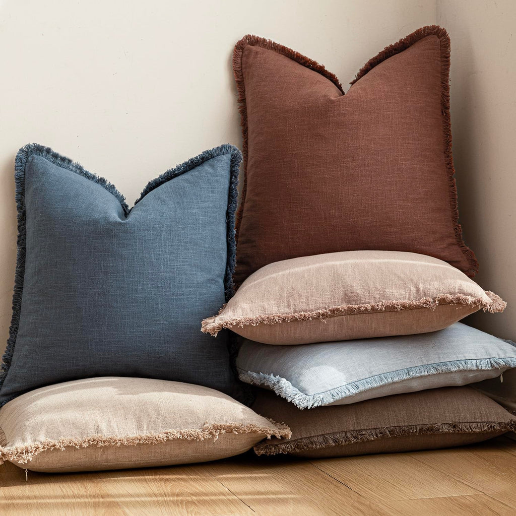 Decorative Linen Fringe Throw Pillow Covers 22×22 Inch, Dark Blue