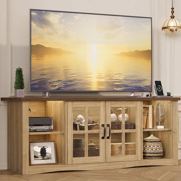 Farmhouse LED TV Stand for 65 Inch TV, with Power Outletr, Warm Oak