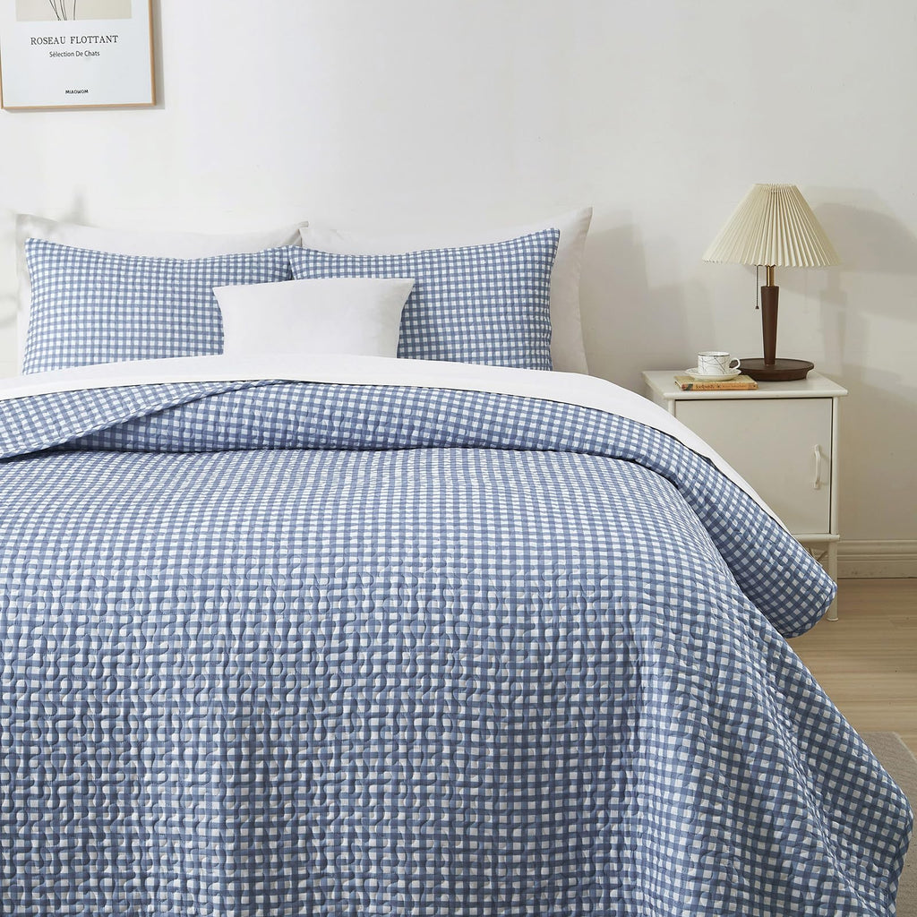 Blue Gingham Quilt Bedding Set, Vintage Plaid Grid Bedspread Checkered Pattern Lightweight Comforter for