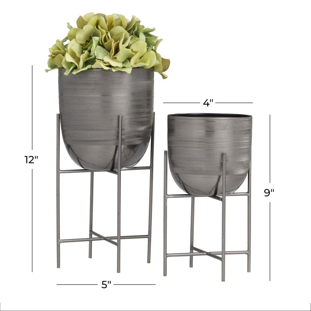 Metal Small Brushed Dome Planter with Removable Stand, Set of 2 12", 9"H, Gray