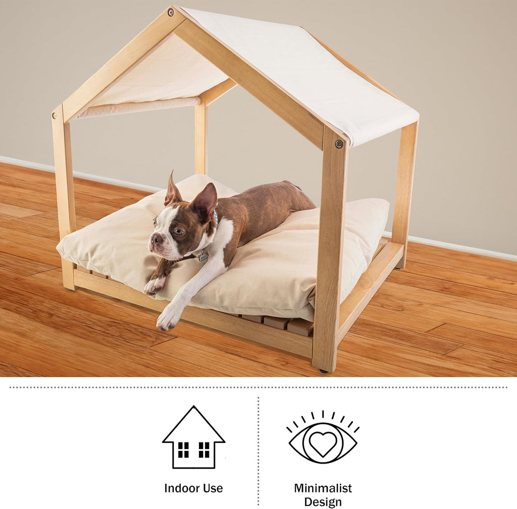 Dog House - 30x24-Inch Indoor Dog House with Soft Cushion and Adjustable Canopy - Wood Dog Furniture for Small to