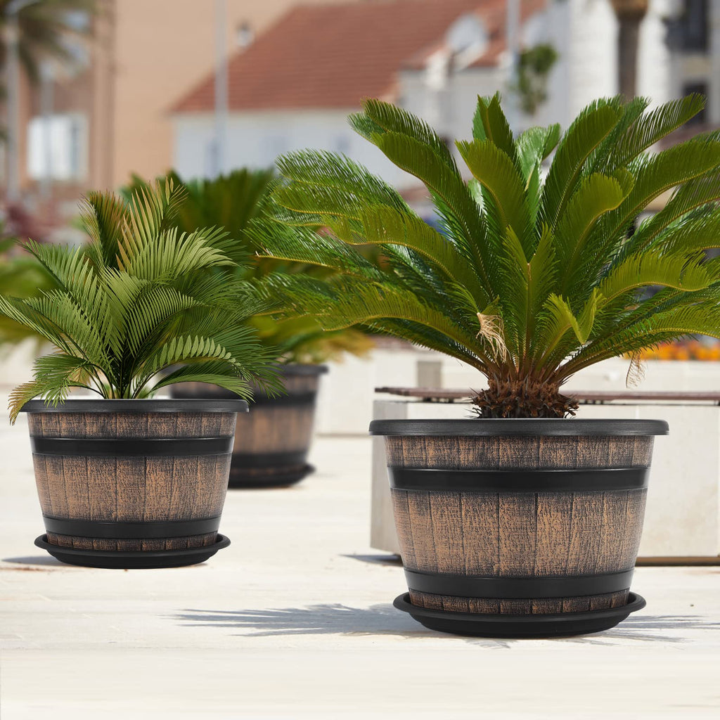 Large Plastic 3 Pack16 inch Plant Pots, Whiskey Barrel Planters