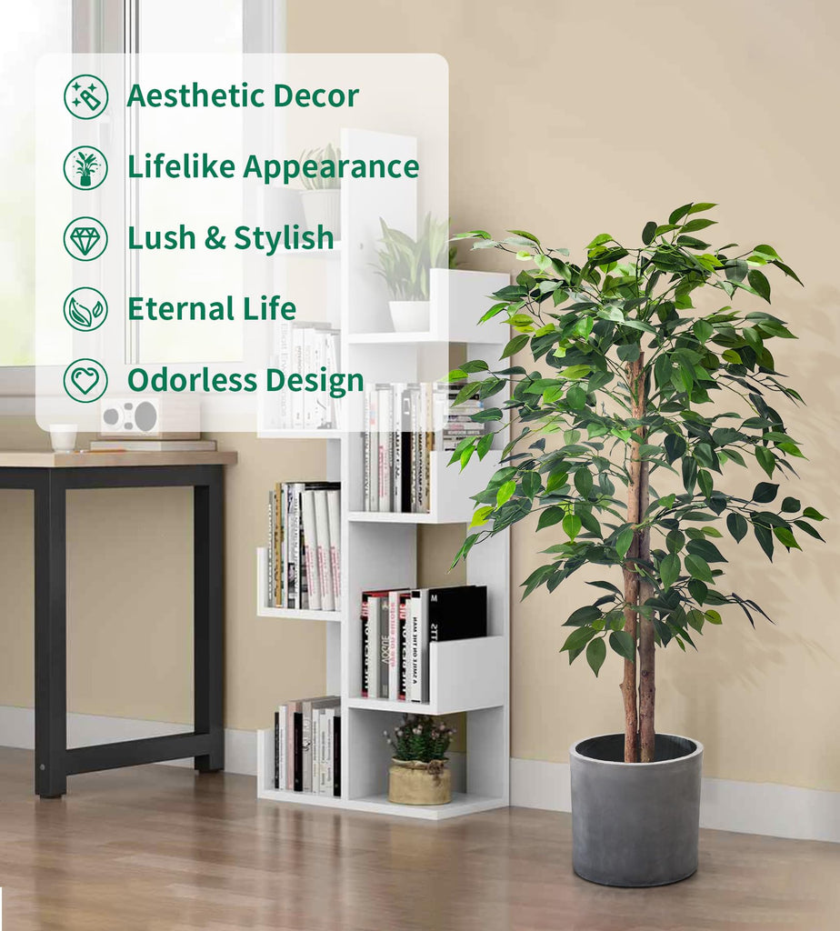 2Packs 4FT Artificial Ficus Trees with Realistic Leaves and Natural Trunk, Faux Ficus Tree with Sturdy Plastic