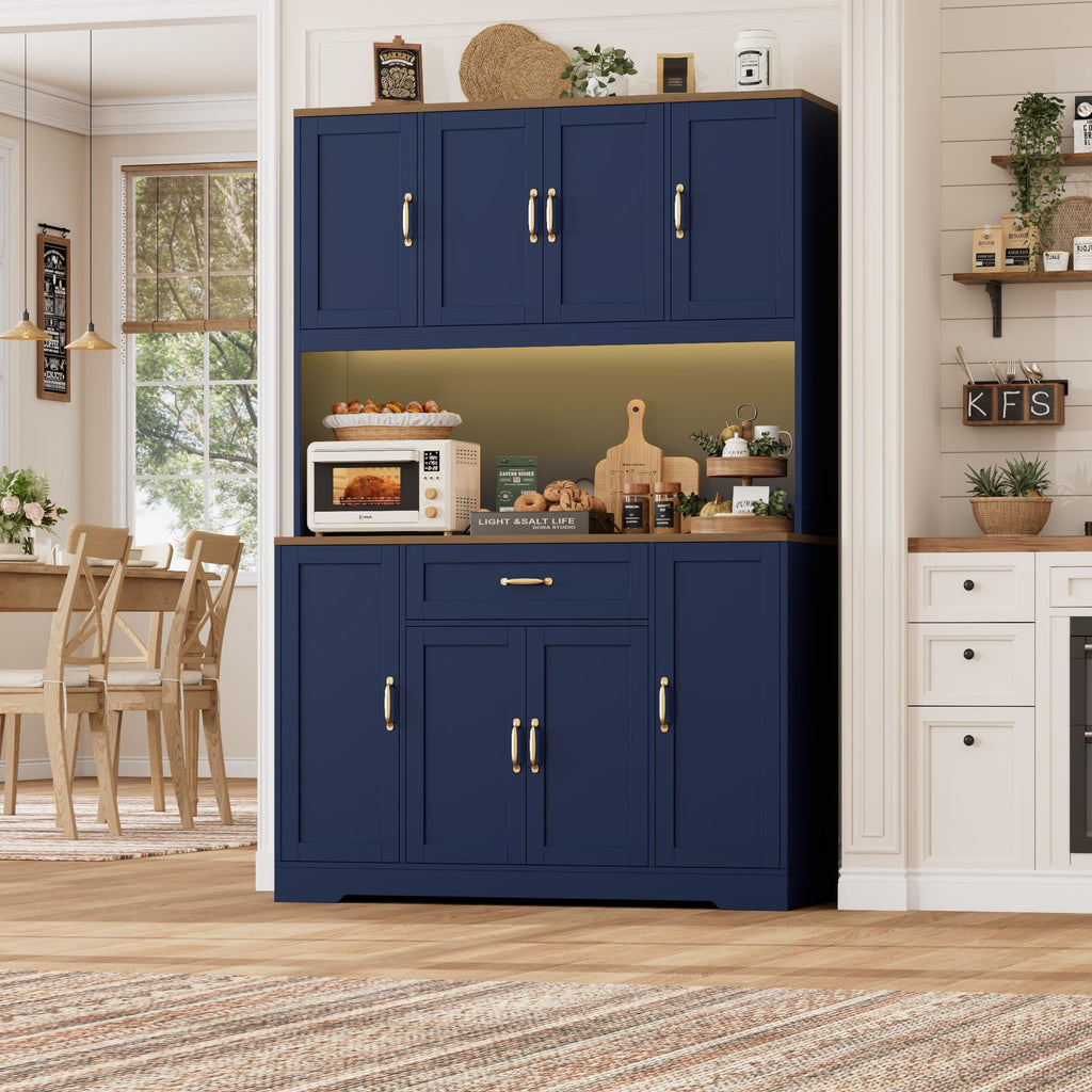 70" H LED Kitchen Pantry Cabinet, Hutch with Charging Station, Blue