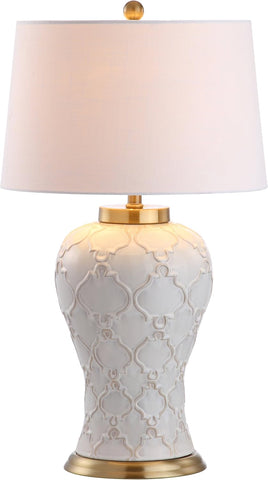 29" Cream Textured Ceramic Table Lamp, Transitional Quatrefoil Trellis Design with White Linen Drum 