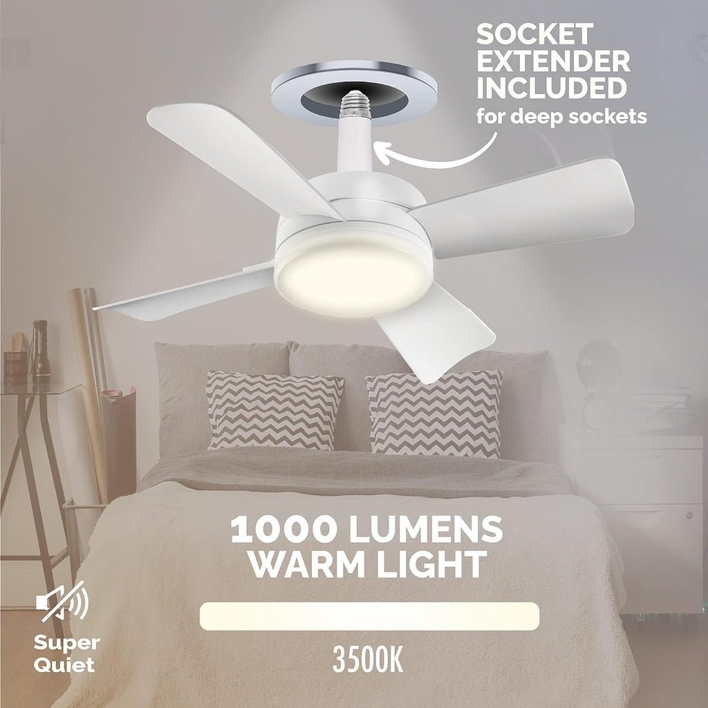 Breeze Socket Fan Light with Remote, Portable Small Ceiling Fans with Lights for Bedroom, Kitchen, Living Room, Ceiling Fan with Light 3500K, 1000 Lumens, Screws into E26/E27 A101-B0BXYY7Y2V