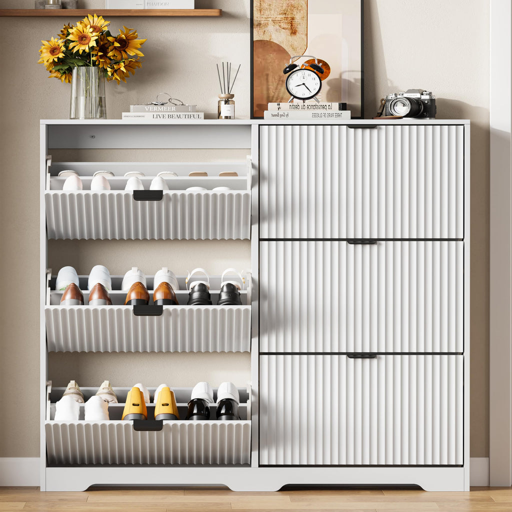 Shoe Cabinet Storage with 6 Flip Drawers, White