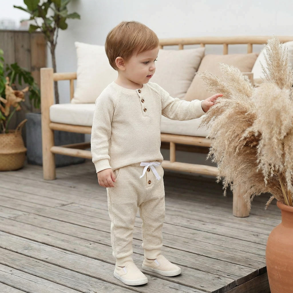 Toddler Baby Boy Clothes Long Sleeve Waffle Sweatshirt Pants Set 0 6 12 18 Fall Winter Outfits Beige