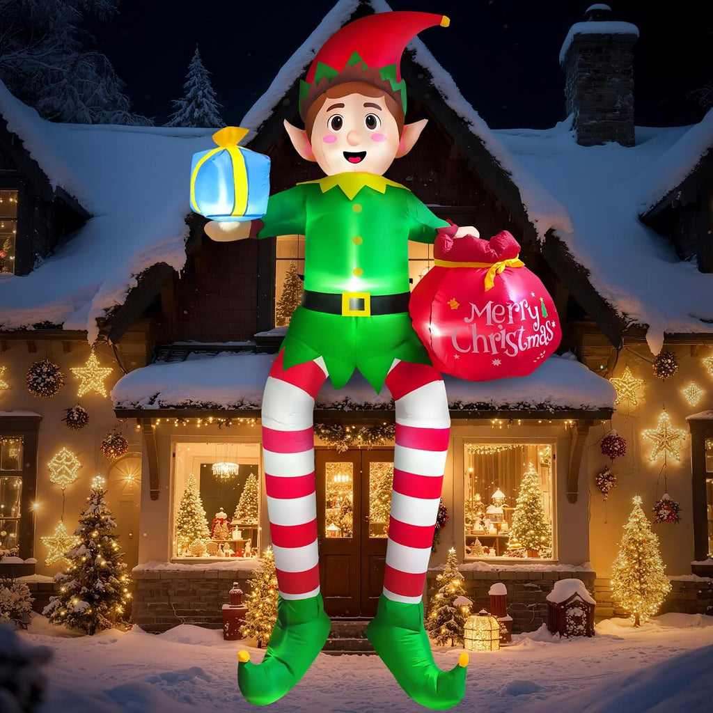 10FT Christmas Inflatable Outdoor Decoration, Sitting Elf Inflatable Christmas Blow up Yard Decorations with LED