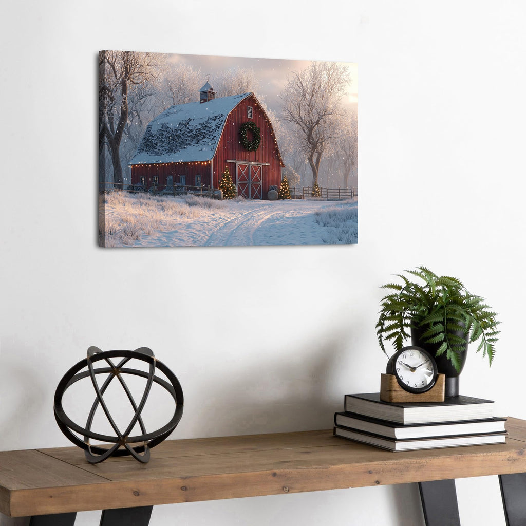 Christmas Farmhouse Canvas Wall Art Red Barn Pictures Wall Decor Christmas Tree Poster Vintage Snowy Country Prints