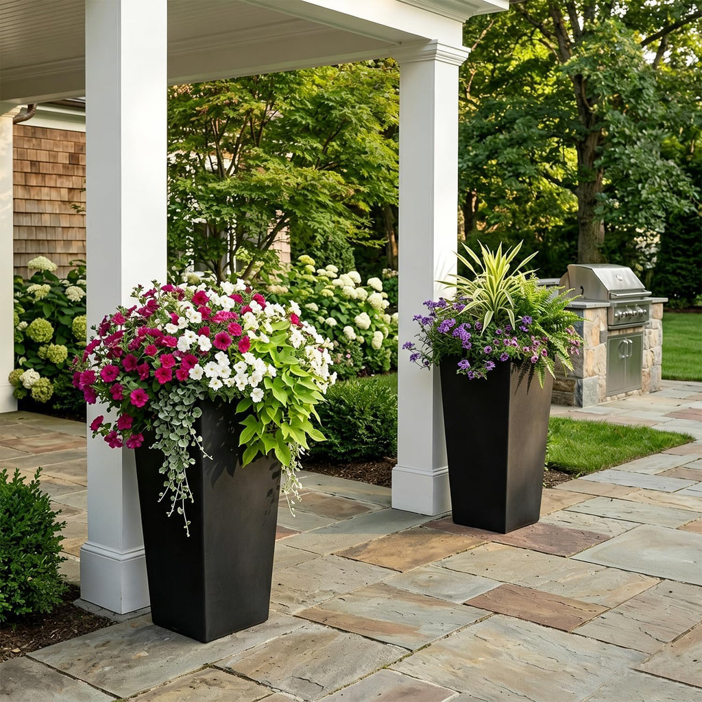 27" Tall Planters for Outdoor Indoor, Set of 2 with Drainage | Black Planter,Large Flower Pots, Drainage & Inner