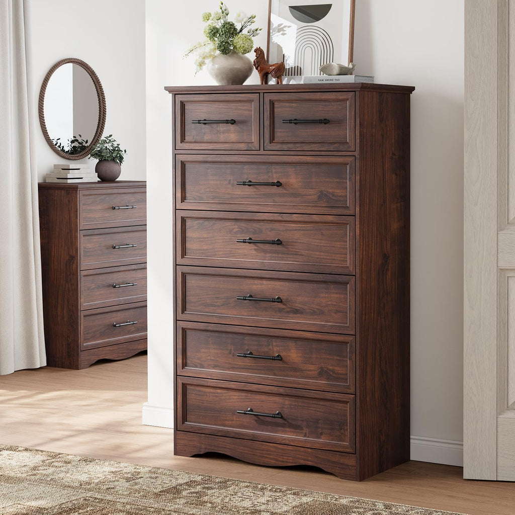 Walnut 7 Drawer Dresser, 52" Tall Chest of Drawers