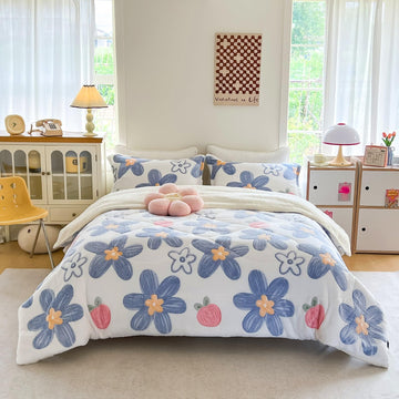 Blue Floral Fleece Comforter Set, 3 Piece Sherpa Bedding Set