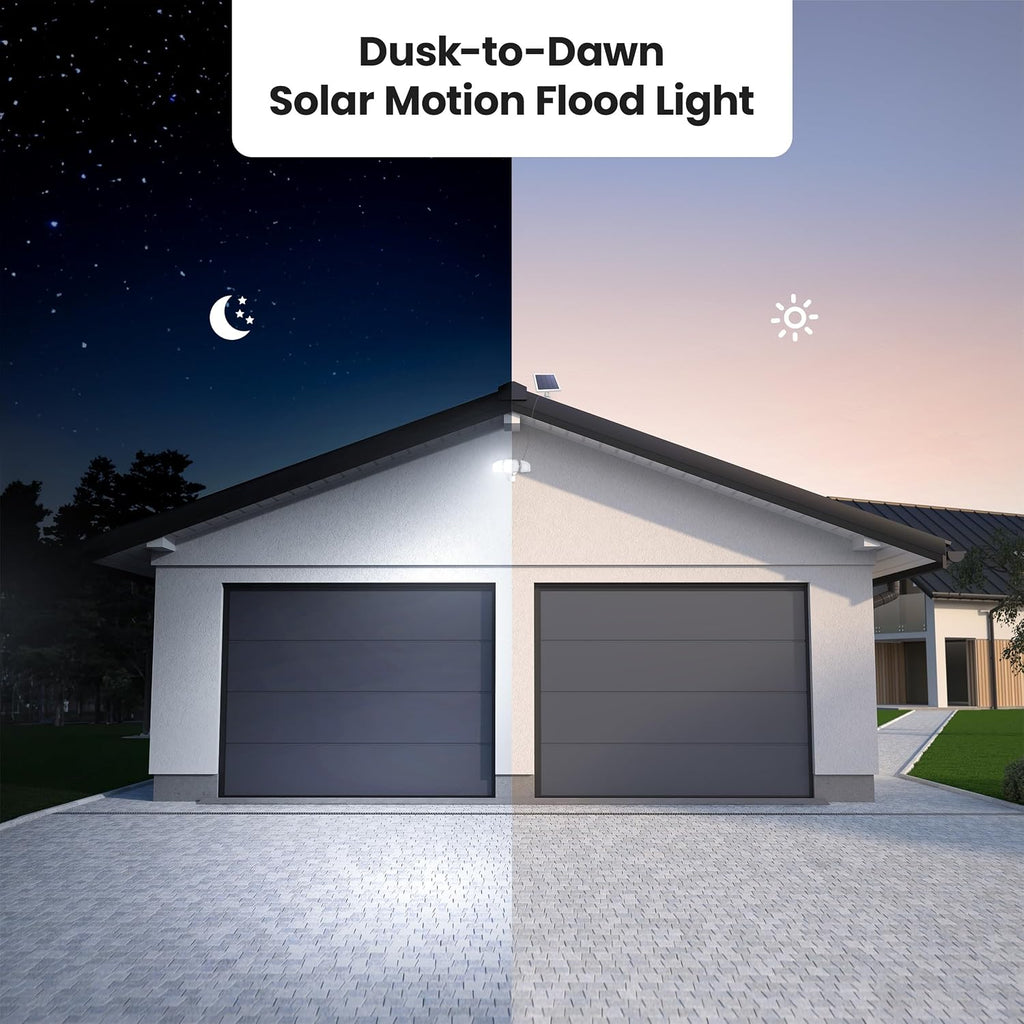 Outdoor LED Triple Head Solar Security Flood Lights with Motion Sensor, Dusk-to-Dawn Sensor, 3000 Lumens Floodlight