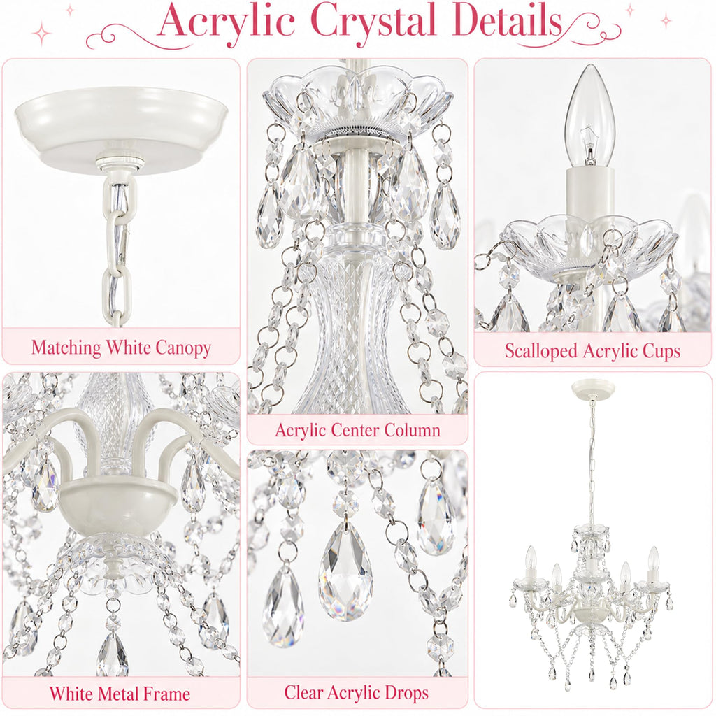 Small White Crystal Chandelier, 5-Light Acrylic Crystal