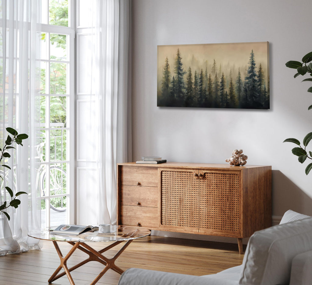 Large Misty Forest Landscape Canvas Wall Art Green Pine Tree and Foggy Mountains Scenery Picture Wall Decor Abstract