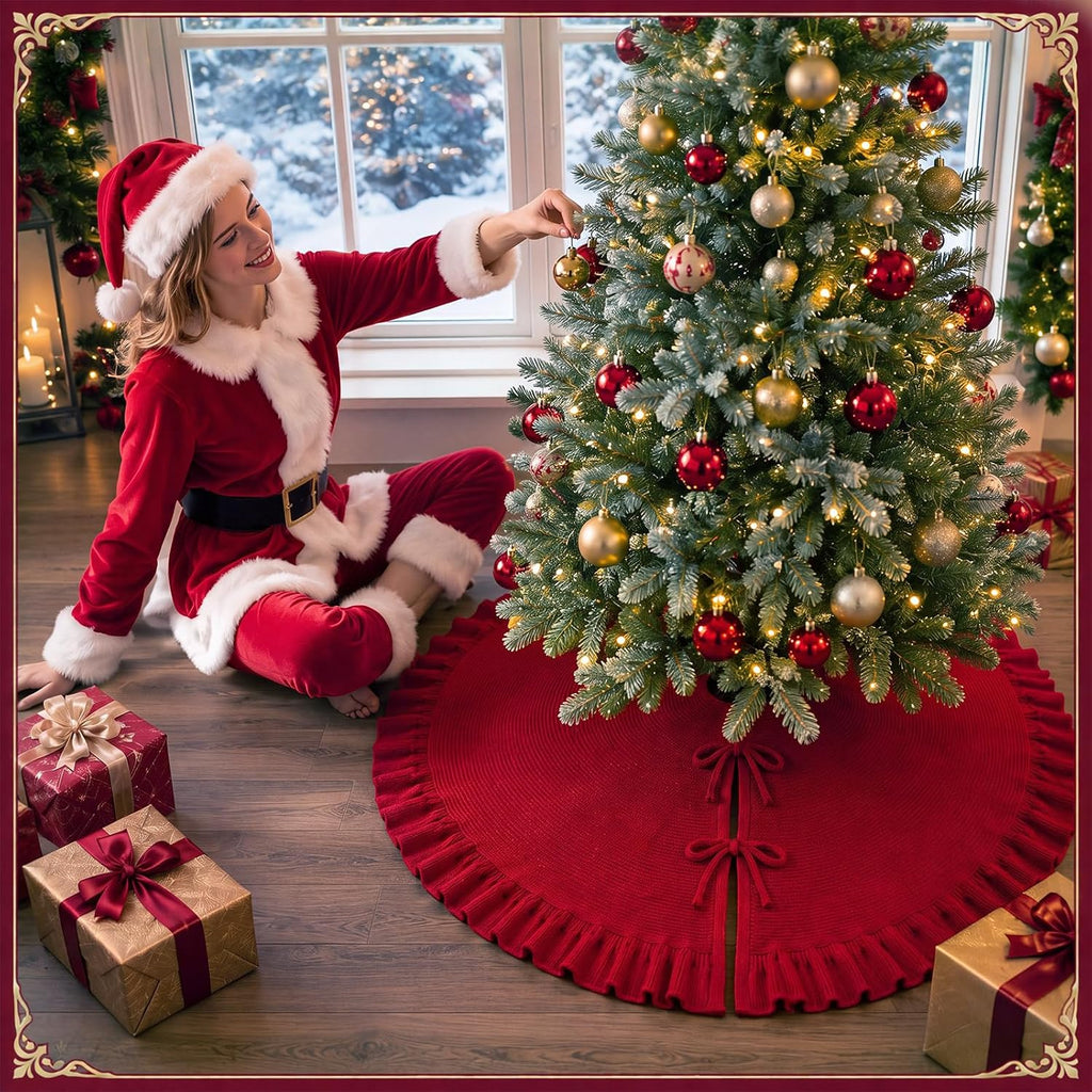 Red Knit Christmas Tree Skirt with Ruffle, 60 Inch